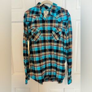 Diesel Men’s Plaid Long Sleeve Button-Up Shirt XXL Turquoise 100% Cotton